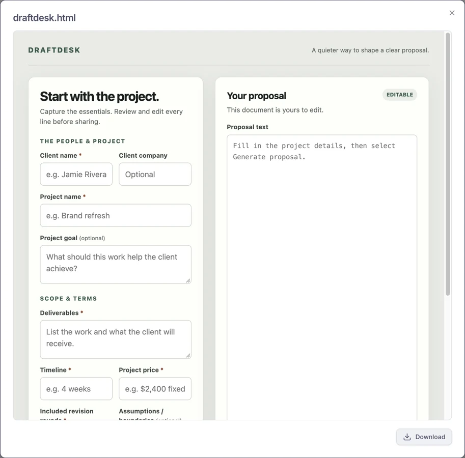 Actual Draftdesk offline app prototype delivered in the recorded build workflow, with project inputs and an editable proposal preview.