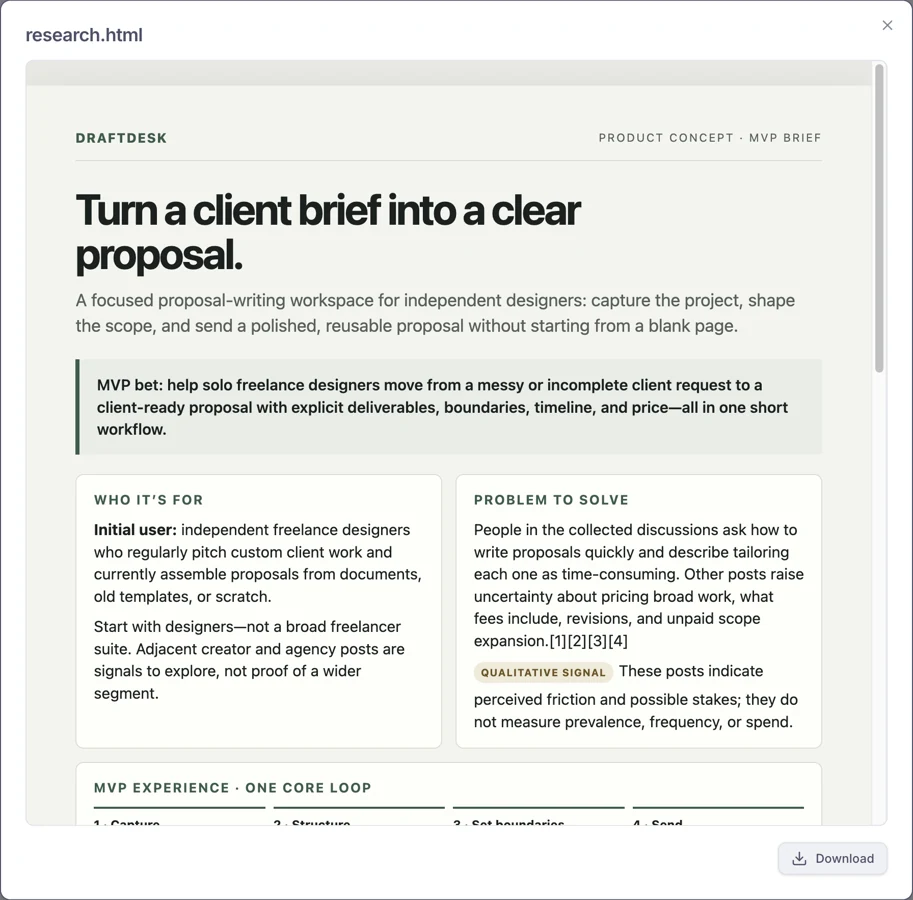 Actual delivered Draftdesk MVP brief, showing a product concept, intended user and source-backed qualitative findings.
